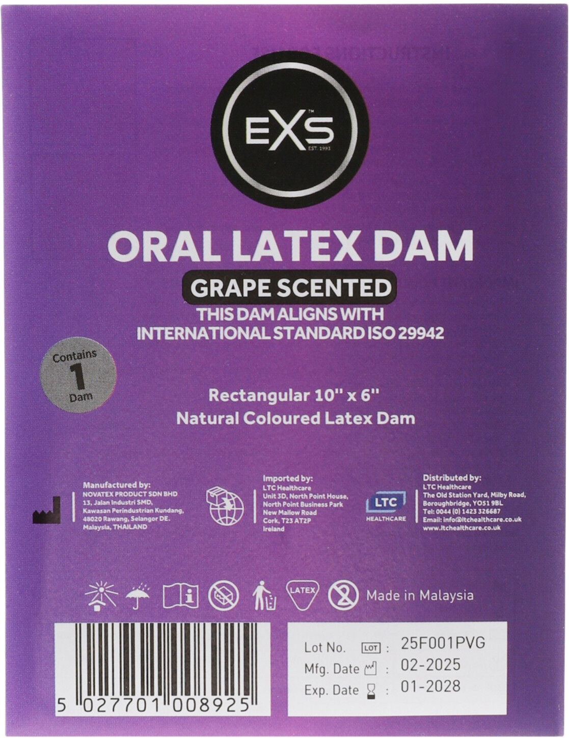 EXS grape‑flavoured oral dam - latex dental dam (1 piece)