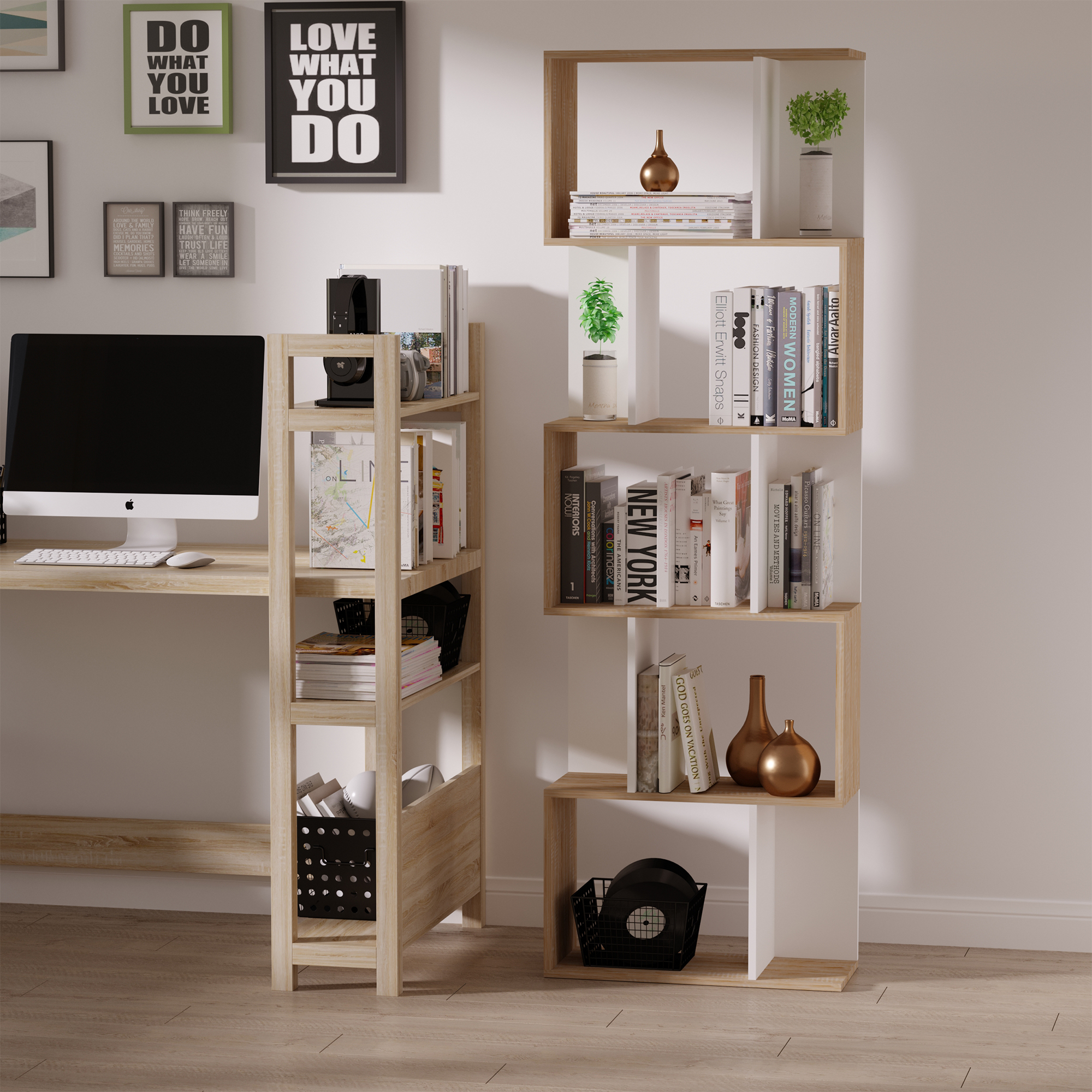 Homcom libreria in Legno, Scaffale a Ripiani, Mobile Contemporaneo, Bianco  legno naturale 60 × 24 × 184.5cm Aosom