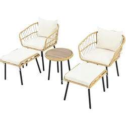 OKWISH Rattan Gartenmöbel Set 3-teilig 2 Stühle 2 Hocker 1 Tisch Balkonmöbel Outdoor Sitzgruppe wetterfest mit Kissen 60x60cm Holzweiß Natur
