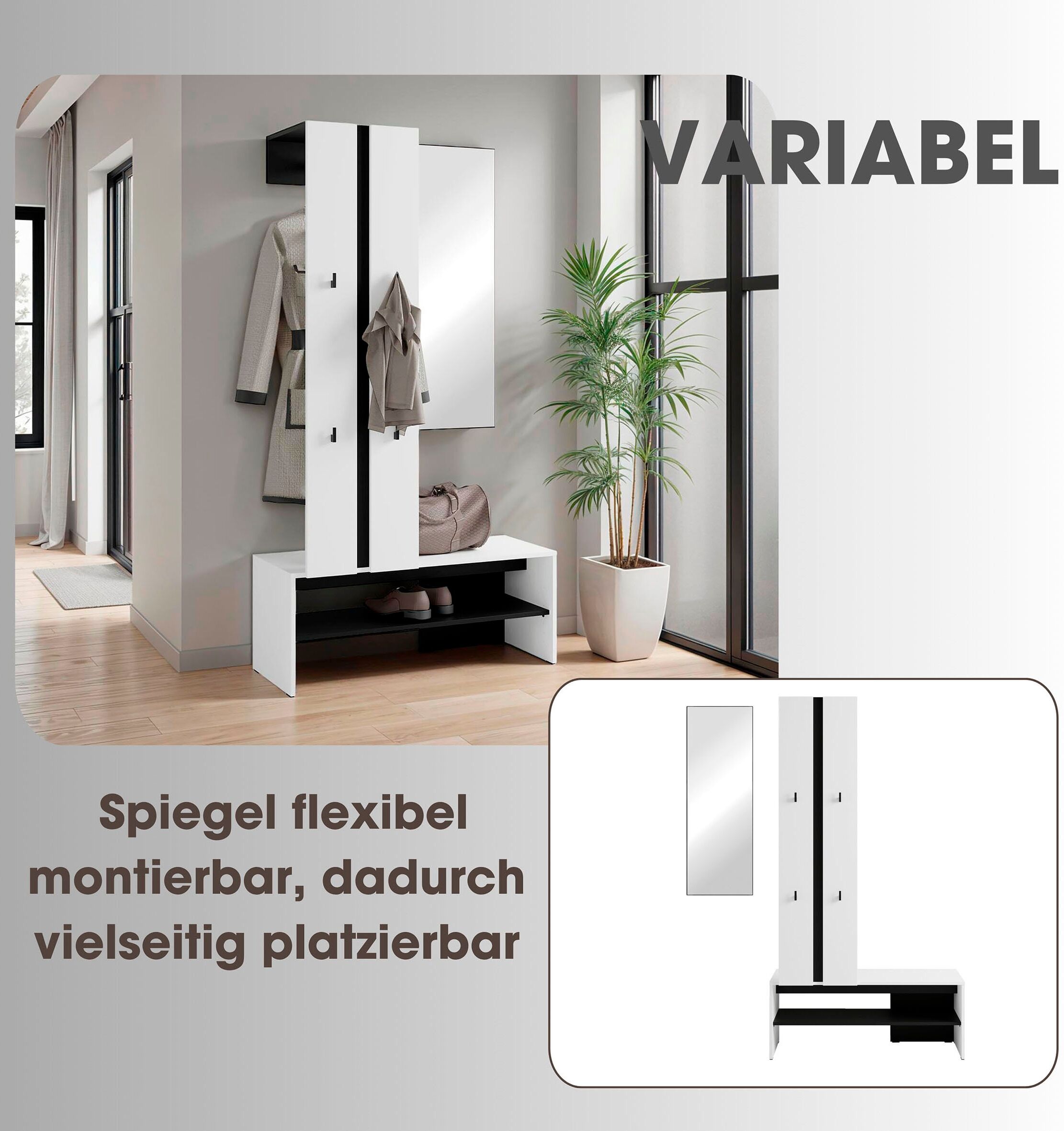 Kompaktgarderobe BYLIVING "Dielen - Set Nante", schwarz-weiss (weiß, schwarz), B:100cm H:186cm T:40cm, FSC-zertifizierter Holzwerkstoff, Glas, Kunststoff, Metall, Schränke, Kompaktgarderobe, maximale Ordnung auf wenig Fläche mit Spiegel, Kleiderstange und
