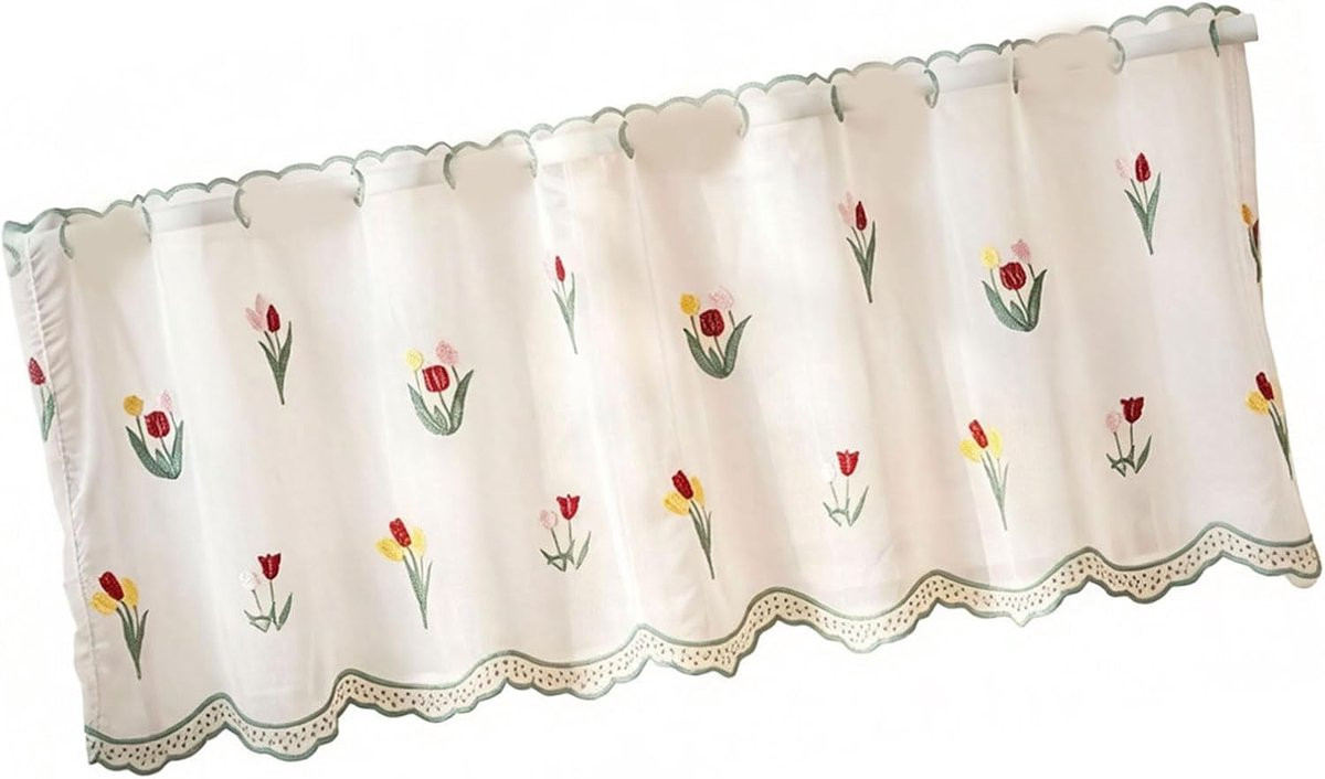 Korte geborduurde katoenen bloemengordijnen voor keuken, badkamer of slaapkamer, doorschijnend, 150 x 50 cm, 1 stuk