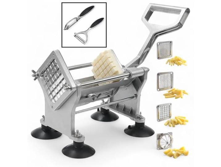 Profi Pommes-Schneider mit 4 Edelstahlklingen – Robuster Kartoffelschneider inkl. 2 Sparschäler – KAAMUT®