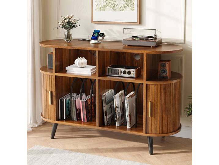 HOMVRA Meuble Hi-Fi ovale 110 cm rangement vinyles MDF noyer portes coulissantes et passe-câbles
