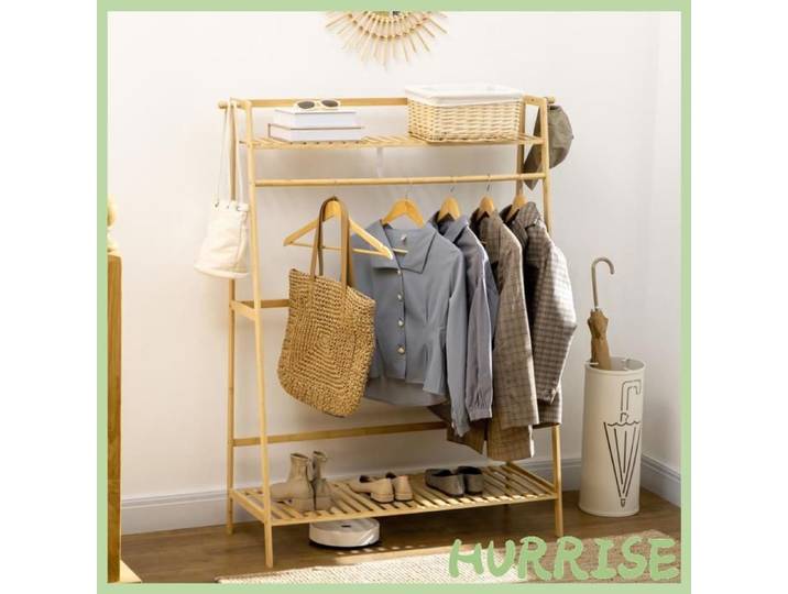 Cocosity Portant À Vêtements Penderie Porte-Manteau Avec 2 Étagères 2 Crochets Et 1 Barre De Suspension En Bambou