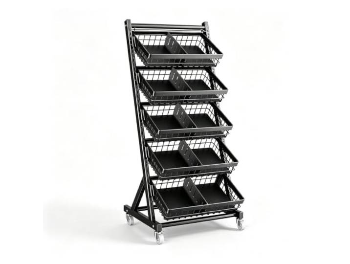 3/4/5-stöckige Verkaufsregale mit Rollen, Süßwarenständer aus Metall Freistehendes Snack-Regal-Display mit abnehmbaren Trennwänden, für Laden, Supermarktregal, Küche(5 baskets)