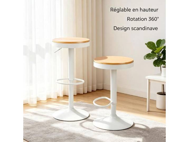 Chleby Lot de 2 Tabourets de Bar Design Scandinave Réglable en Hauteur 55 - 75 Pivotant 360° Assise Bois Pour Petit Appartement