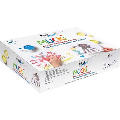 KREUL MUCKI Farben Spiel Kiste, 5 x 50 ml Fingermalfarbe, Wir malen mit Händen & Fingern