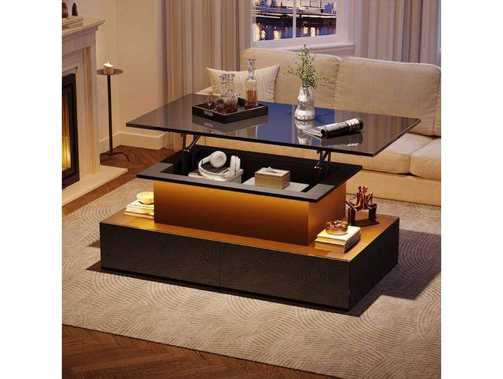Table basse brillante moderne- SEYAKANY- avec éclairage LED et 4 tiroirs-espace de rangement-90x55x41cm-noir