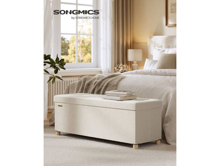 Banc de Rangement - SONGMICS - Velours Beige Cappuccino - 112L - Pliable - 300kg
