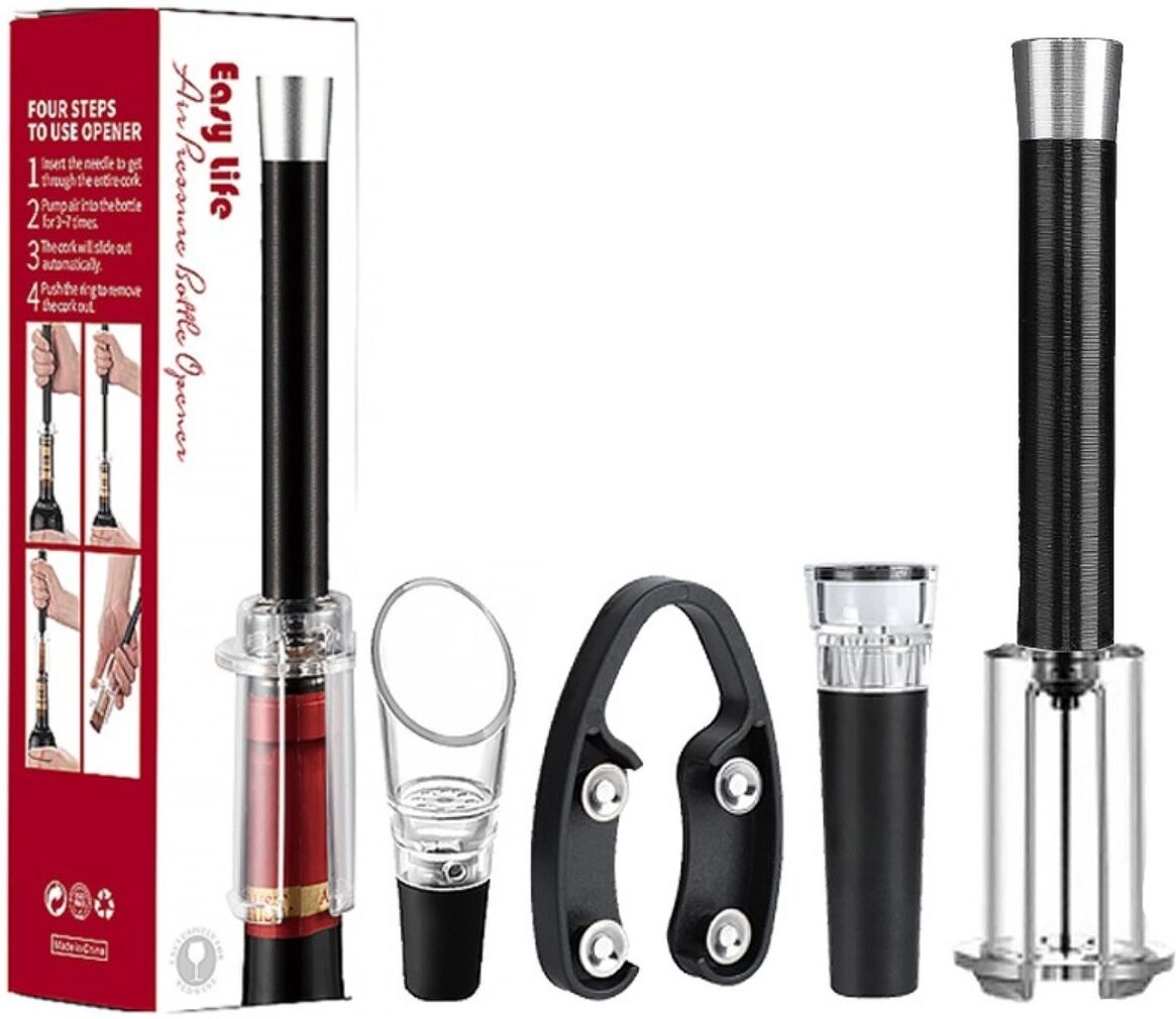 INF Luftdruck-Korkenzieher 4-teilig – Nadel-Korkenzieher mit Luftpumpe, Folienabschneider und Filtern, ABS/Edelstahl/Aluminium Schwarz