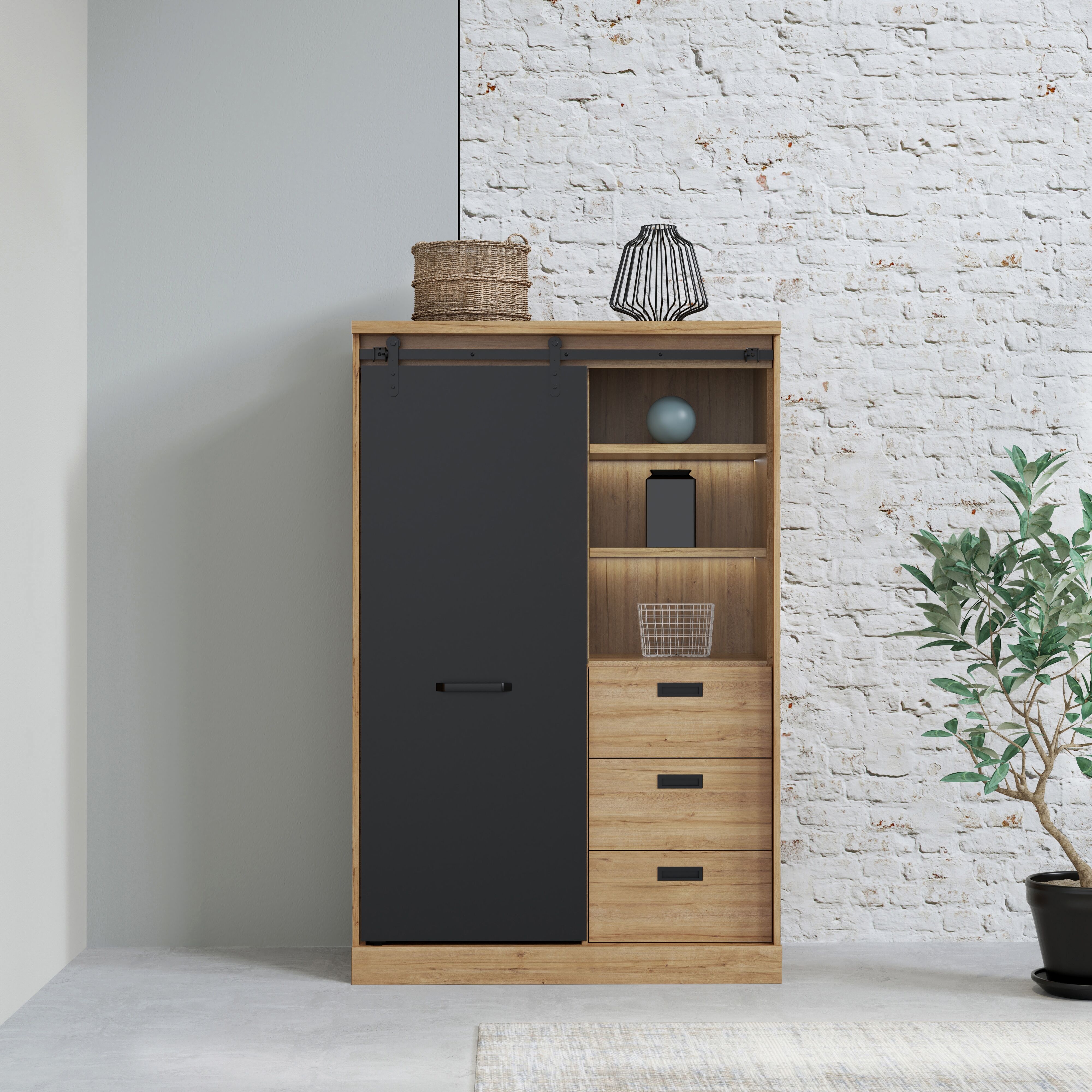 Highboard FORTE "Kaszimiro", schwarz (waterford eiche, schwarz), B:103,4cm H:160,2cm T:52cm, Holzwerkstoff, Sideboards, Highboard