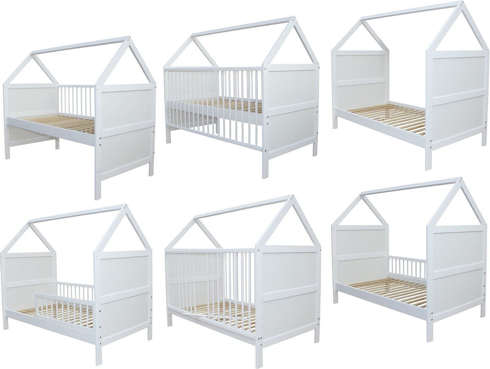 Babybett Kinderbett Juniorbett Bett Haus 140x70cm massiv weiss 0 bis 6 Jahren