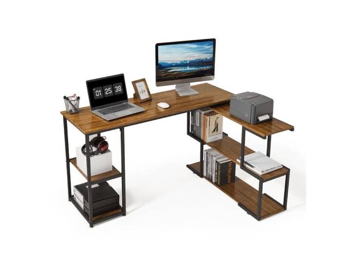 Mondeer Bureau d‘Ordinateur en Forme de L Bureau d'Angle avec Étagère - Vintage Brun