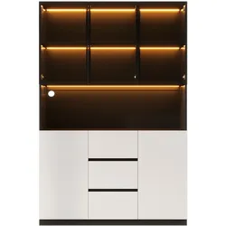 MODFU Vitrine MDF Schwarz 120x40x200 cm mit gehärtetem Glas, LED-Beleuchtung, 3 Schubladen und 2 Türen