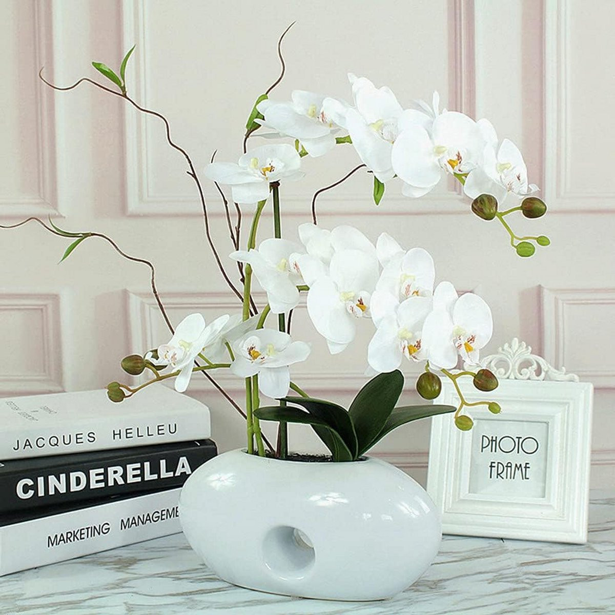 Grote Witte Zijden Orchidee met Keramische Vaas - Realistische Kunstbloem voor Tafeldecoratie