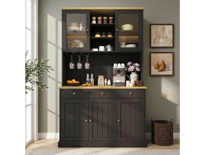 NuvlaGu - Buffet de cuisine 120x40x191cm à 5 portes 3 tiroirs et étagères ouvertes porte-gobelets et prise électrique - Noir mat
