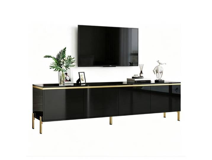 Meuble TV 170cm avec 4 Portes Banc TV Moderne Meuble Télé de Salon avec Lignes Dorées Surface Brillante 170x38x50 cm Noir