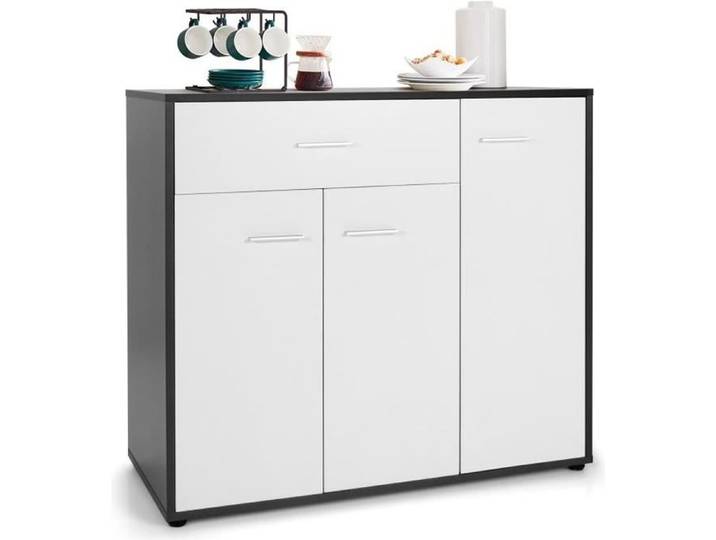 Buffet de Cuisine COSTWAY 2 Placards Grand Tiroir Étagère Réglable - Buffet Bas 88x40x80 CM - Salon Salle à Manger - Gris+Blanc
