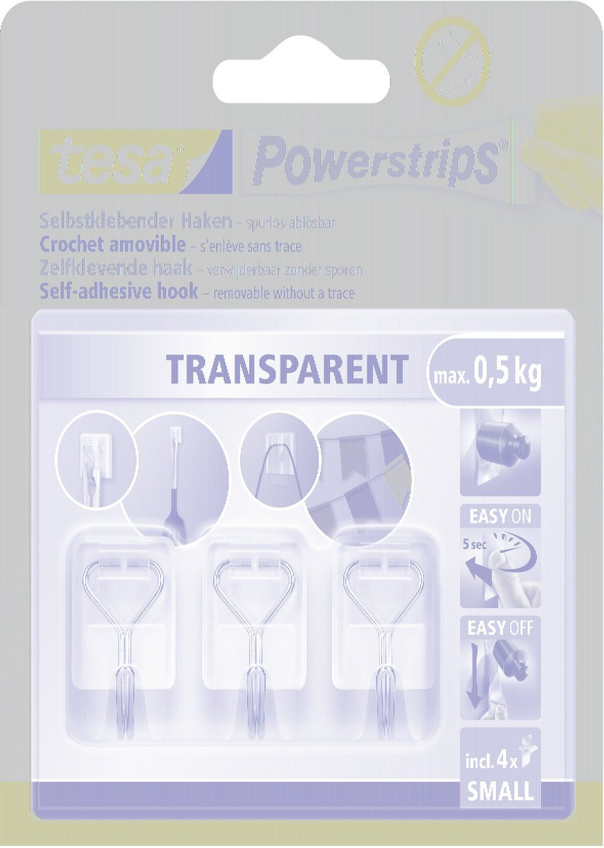 tesa Powerstrips haken small transparant voor badkamer en keuken - 3 haken + 4 strips