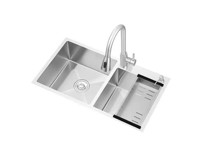 Unterbau-Edelstahl-Küchenspüle-Doppelbecken-Arbeitsplatz-Kit Edelstahl-Doppelspülbecken mit Abtropfgestell und ausziehbarem Wasserhahn, geeignet für den Hausgebrauch(82/45cm/32.3/17.7in)