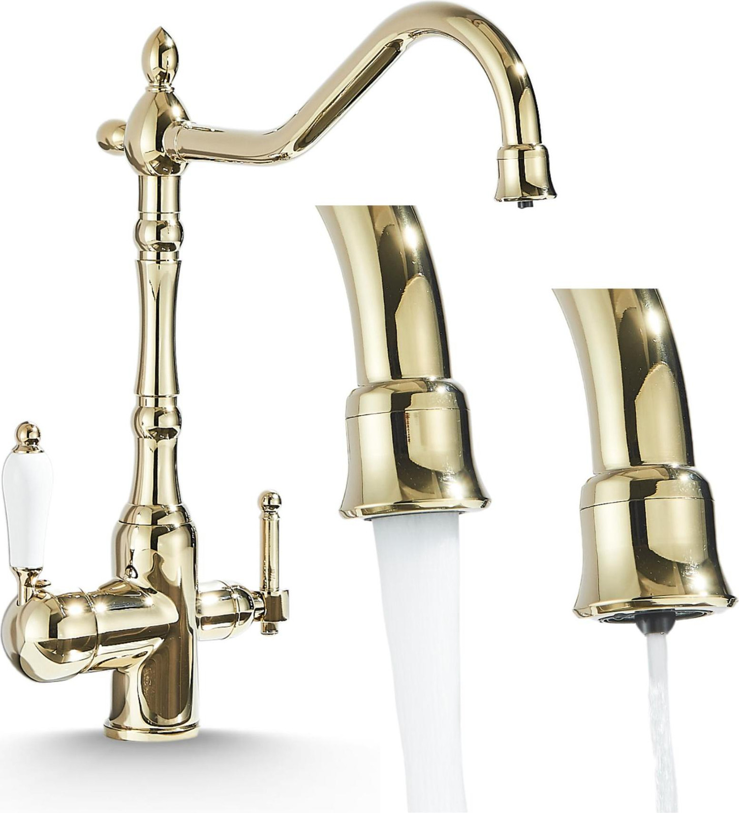 Ari Retro Keukenmengkraan met aansluiting voor waterfilter, 360° draaibare uitloop en keramische cartridge, goudkleurig
