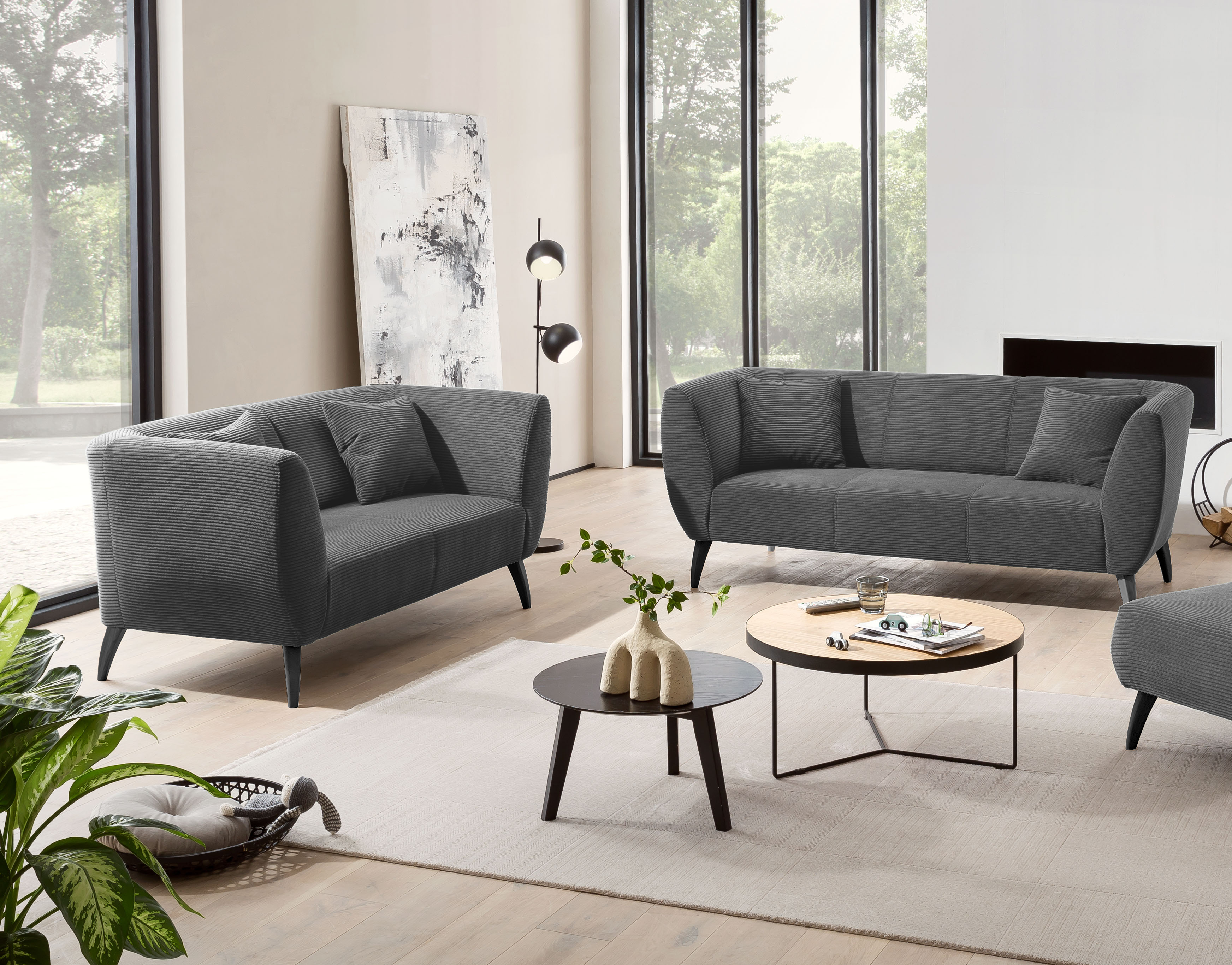 Polstergarnitur HOME AFFAIRE "Colori modern und bequem, schmale Armlehnen, tolle Detailverarbeitung", grau (silber, zierkissen silber, grau), H:94cm T:88cm, 93% Polyester, 7% Polyamid, Sitzmöbel-Sets, Polstergarnitur, zwei verschiedene Fussfarben wählbar 
