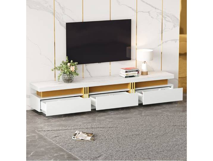 Meuble Télévision Blanc 200 x 40 x 42 cm 3 Tiroirs Style Moderne Effet Marbre Finition Brillante Dorée