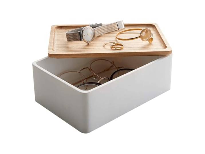 YAMAZAKI 5167 RIN Accessory Storage Box\, white\, Polystone/Wood\, 18.5 x 12.5 x 7 cm
