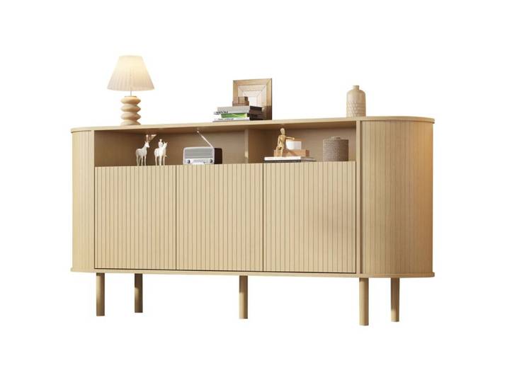 Buffet bas – 160 cm – 3 portes rainurées – 2 niches ouvertes – bois naturel