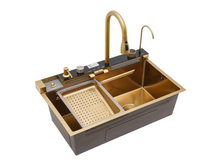 Küchenspüle, Wasserfall Spülbecken, Multifunktional Küchenspülen mit Wasserfall & Herausziehbarem Armatur, Einbauspüle 1 Becken,Langlebig, Gold (75x46x22cm)