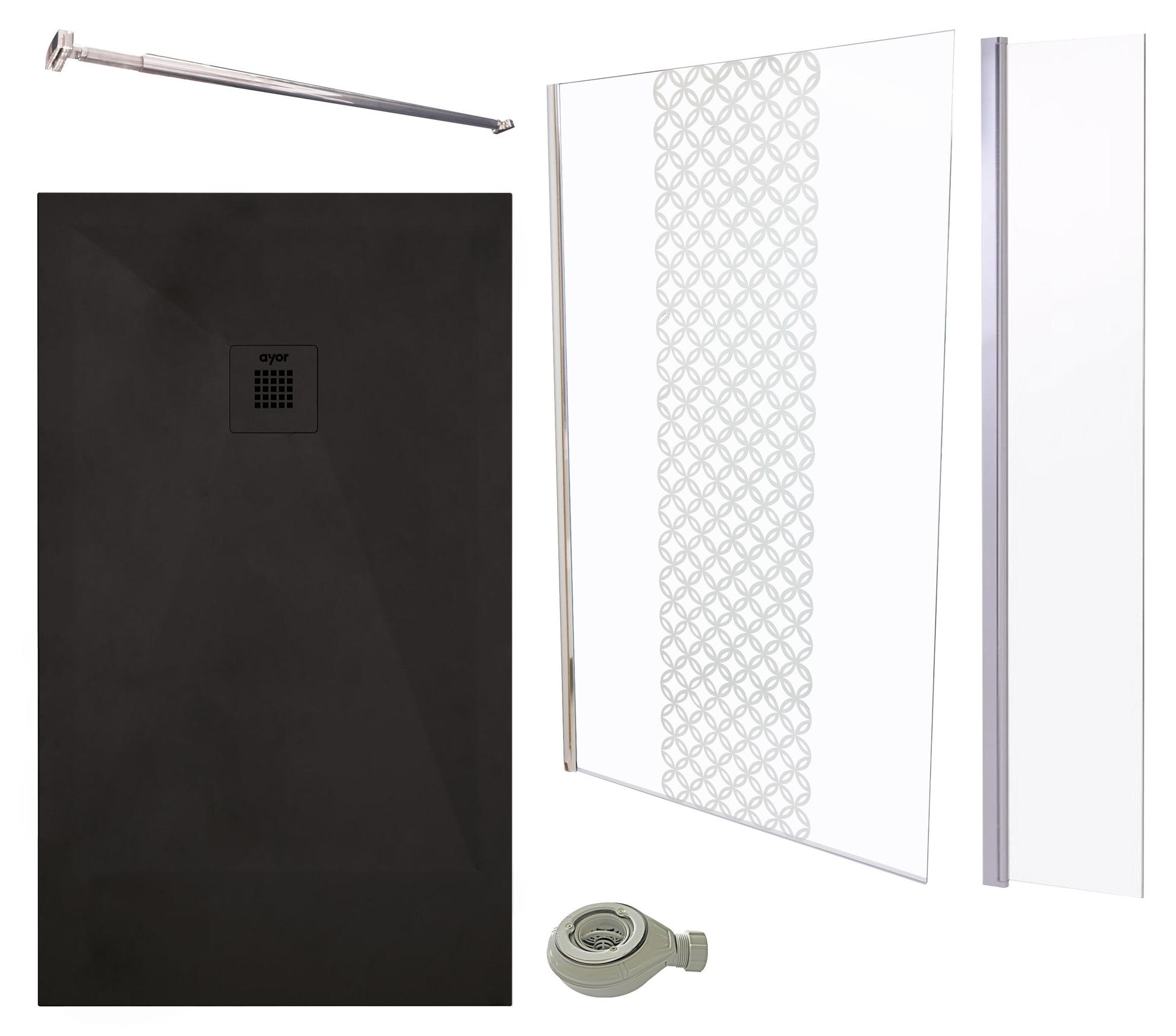 ONDEE ZEN-PACK DUSCHE - Schwarze Duschwanne 160 x 80 cm, Duschwand 120 cm, Abweisblech und Befestigungsstange