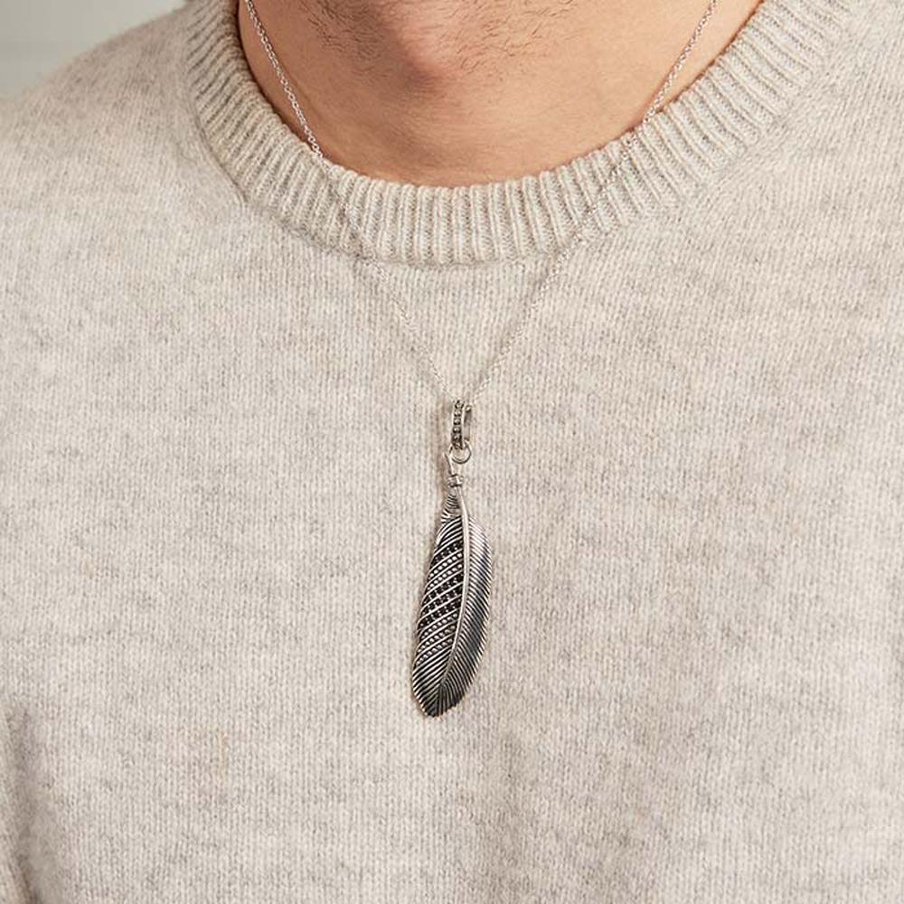 Unique Anhänger Feder aus Edelstahl mit schwarzen Zirkonia silber