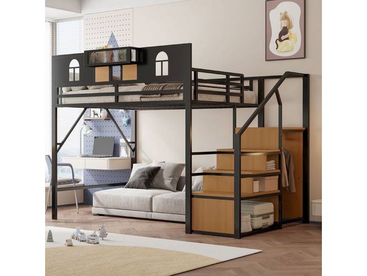 Lit Mezzanine - MERAX - 140x200 cm - Métal Noir - Escalier de Rangement - Design Contemporain
