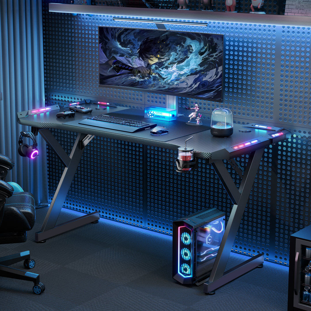 Metro Black Gaming Desk with LED Lights, Computer Gaming Table for Home Office Black 74cm H x 160cm W x 60cm D