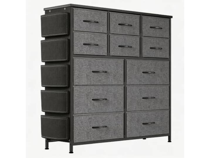 Hapterouse Kommode 12 Schubladen Stoffschrank Stauraum Grau 99x30x110cm Stabiler Metallrahmen, kationische Stoffboxen staubdicht, abwischbar, platzsparend, ideal für Flur, Diele und Schlafzimmer