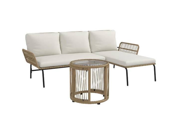 Redom Gartenmöbel-Set 3-teilig mit Sonnenliege, Zweisitzer, Glastisch und Polstern, Cremeweiß, Weiß, Metall, Gartenmöbel, Gartengarnituren, Gartenmöbel-Sets