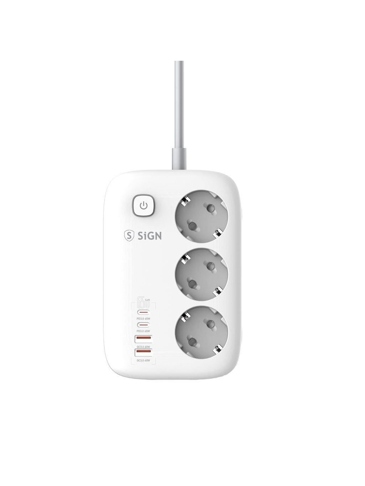 SiGN 65W GaN fast charging power strip 3-way/2x USB-A/2x USB-C - 2m - White