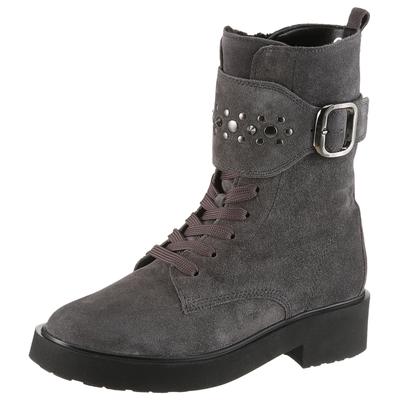 Winterstiefelette GABOR, Damen, Gr. 38, Warmfutter, dunkelgrau, Veloursleder, unifarben, Schuhe Winterstiefelette, Blockabsatz, Schnürboots, Schnürstiefelette mit Nieten