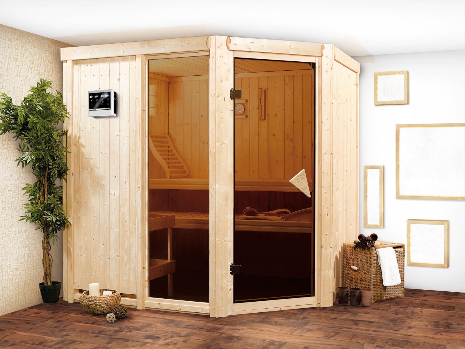 KARIBUHOLZT Sauna Fiona 2 Eck, 9kW Bio ext. Strg bronz.GGT 08288459