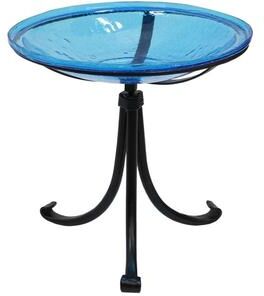"Achla Designs 14""Dia. Round Cobalt Blue Crackle Glass Birdbath w/Black Wrought Iron Tripod Stand"