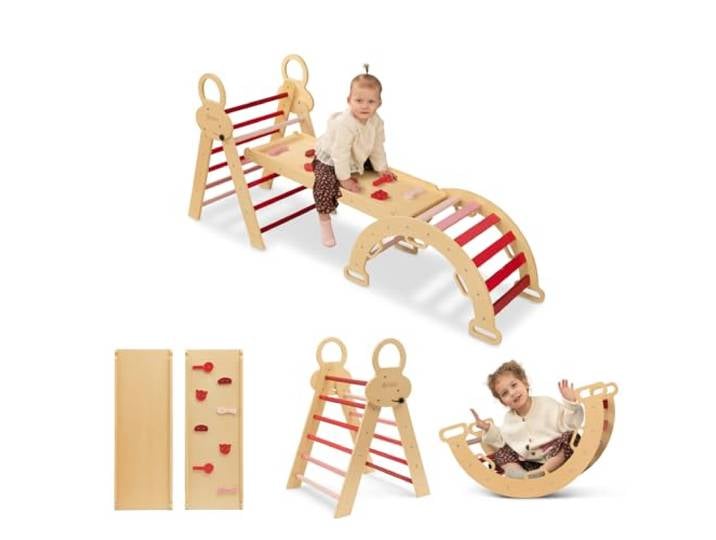 FINOOS Montessori Indoor Spielset: 7-in-1 Klettergerüst mit Rutsche & Bogen für Kleinkinder und Kinder, doppelseitige Rampe, Kletterdreieck, Kletterbogen (1-3 Jahre) (Rosa)