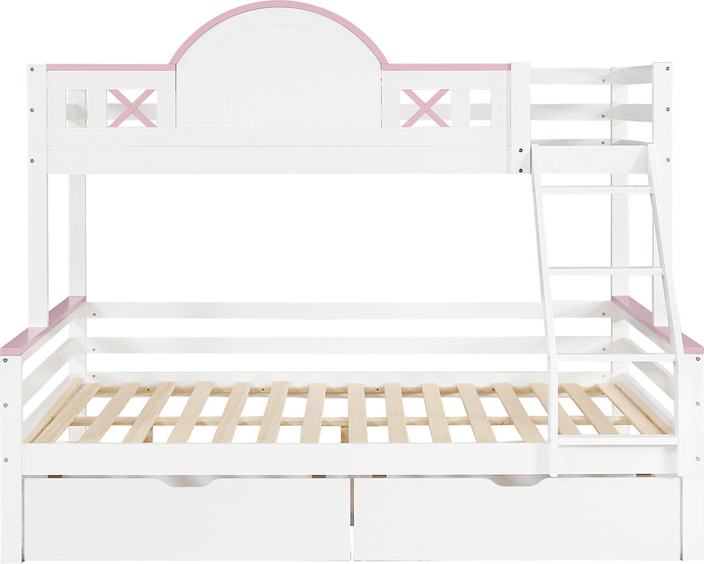 Etagenbett mit farblich abgesetztem Fallschutzgitter Zwei Schubladen Fenster und Schrägleiter Kinderbett Jugendbett 90x200cm&140x200cm Weiß+Rosa