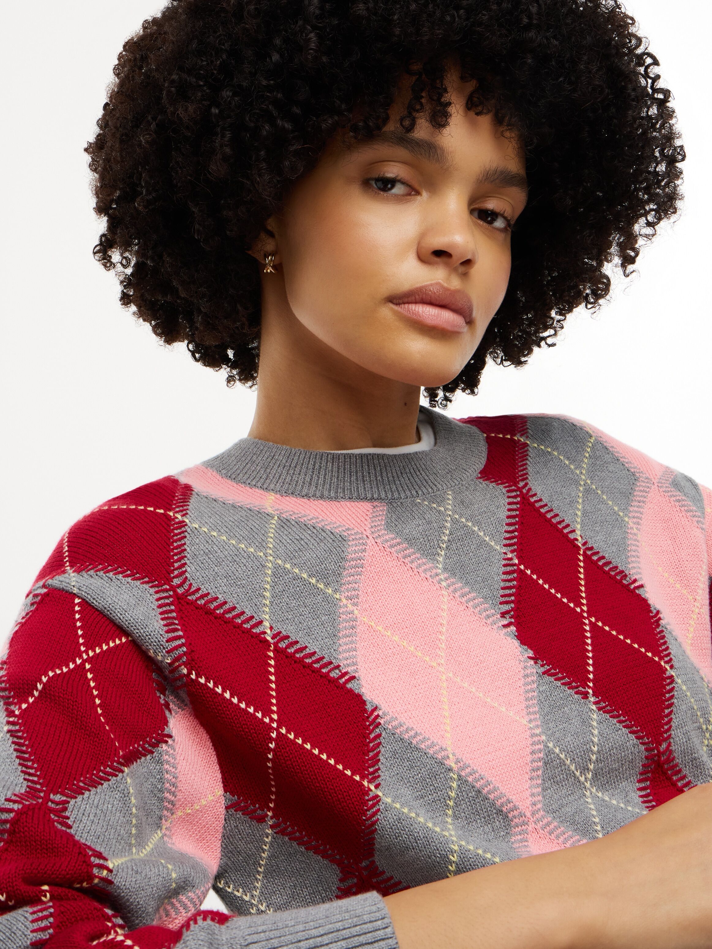 Strickpullover TOMMY HILFIGER "ARGYLE PREP C-NK SWT", Damen, Gr. M (40), carnation pink argyle, Strick, Obermaterial: 100% Baumwolle, gemustert, normal, Rundhals, Rippstrickbündchen, Pullover Strickpullover, Baumwolle, Argyle Strickmuster carnation pink a