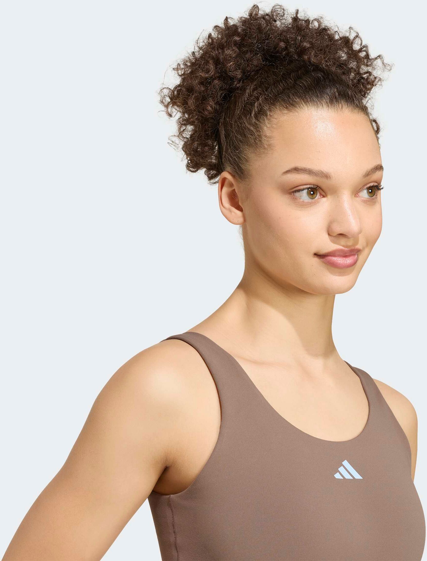 Tanktop ADIDAS PERFORMANCE "3-STREIFEN STUDIO ALL ME, LEICHT STÜTZEND", Damen, Gr. L, braun (earth strata), Obermaterial: 79% Polyester, 21% Elasthan (LYCRA), normal, Rundhals, Tops Tanktop earth strata L