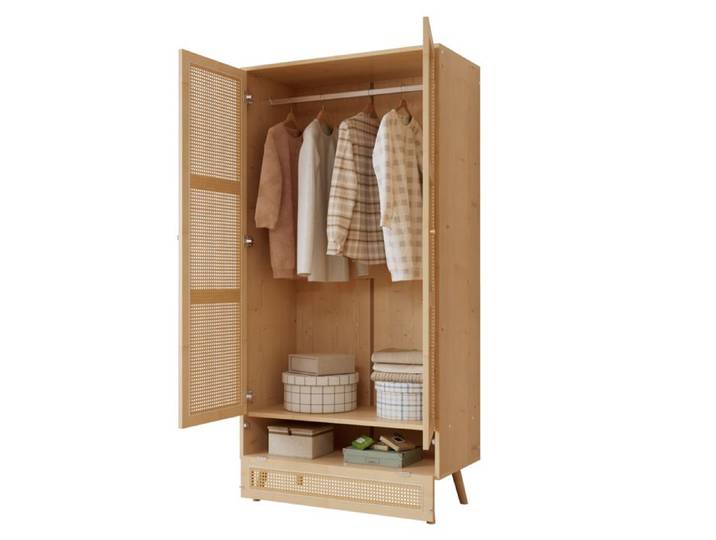 Armoire 2 portes avec penderie et coffre bas rabattable 90x45x183 cm pour chambre ou salon bois naturel