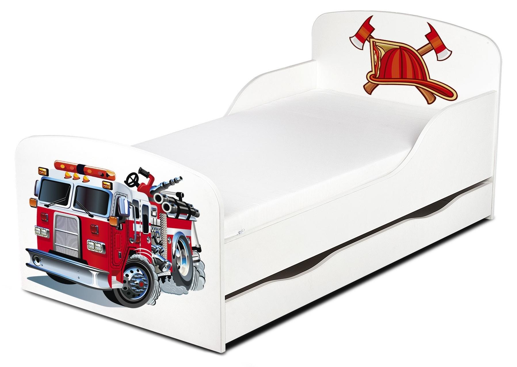 Modernes weißes Kinderbett mit Schublade und Matratze 140x70 cm - UV-Druck (Feuerwehr) - Komplettset