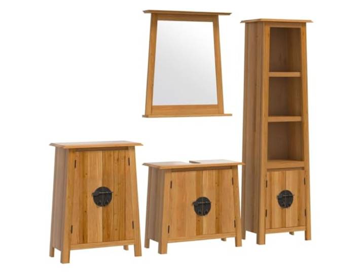 POUFGDR Badezimmermöbel-Set, 4-teilig, massives Kiefernholz Schrank mit Spiegel, Metallgriffen, großer Stauraum, Seifen für Zahnpasta, natürliches Holz mit rustikaler Maserung