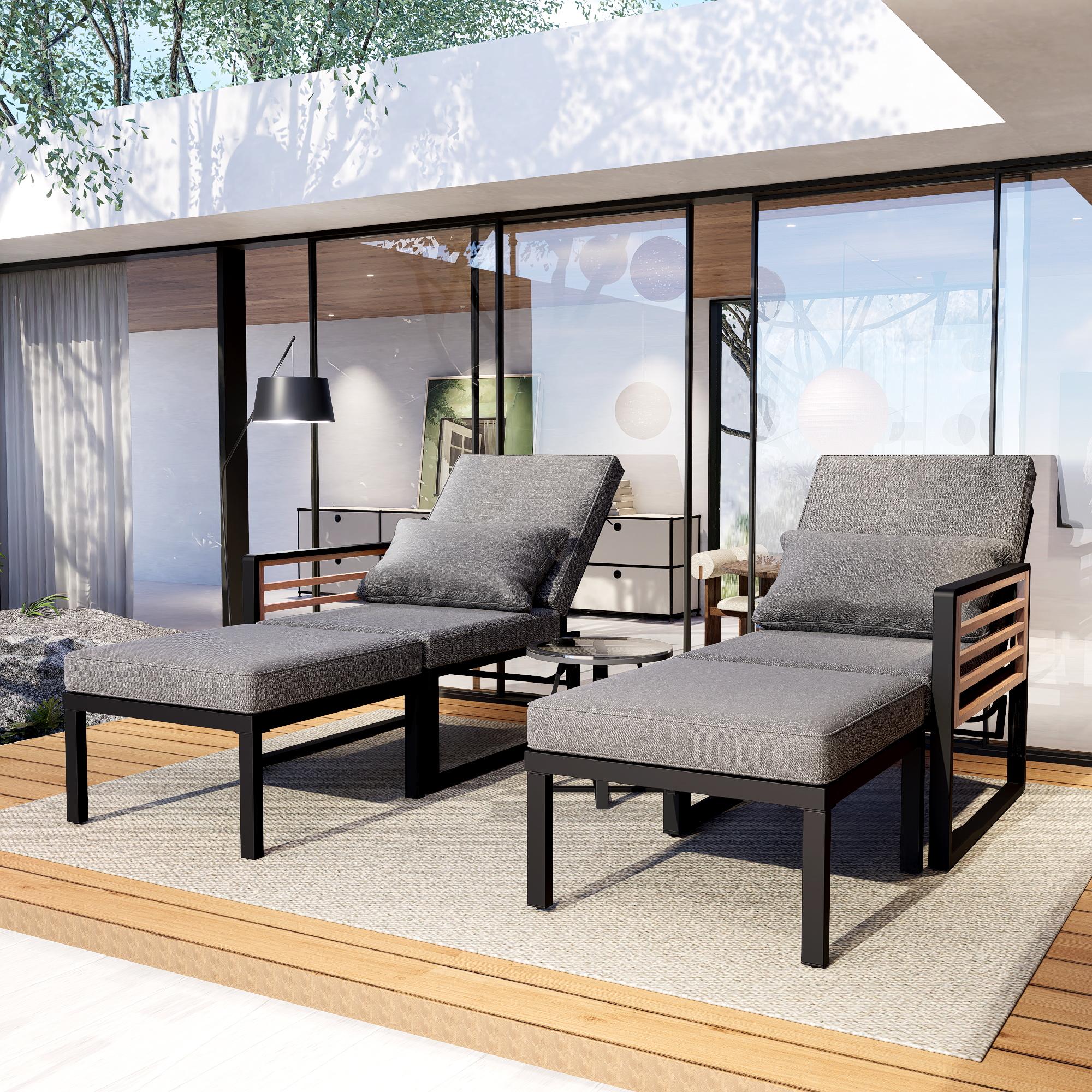 MODFU Garten-Liegestuhl-Set,Zweisitzer Rücken- & Sitzkissen,Modulares Sofa,Freizeitsofa,verstellbarer Rückenlehne,nutzbar als Outdoor-Sofa,Grau