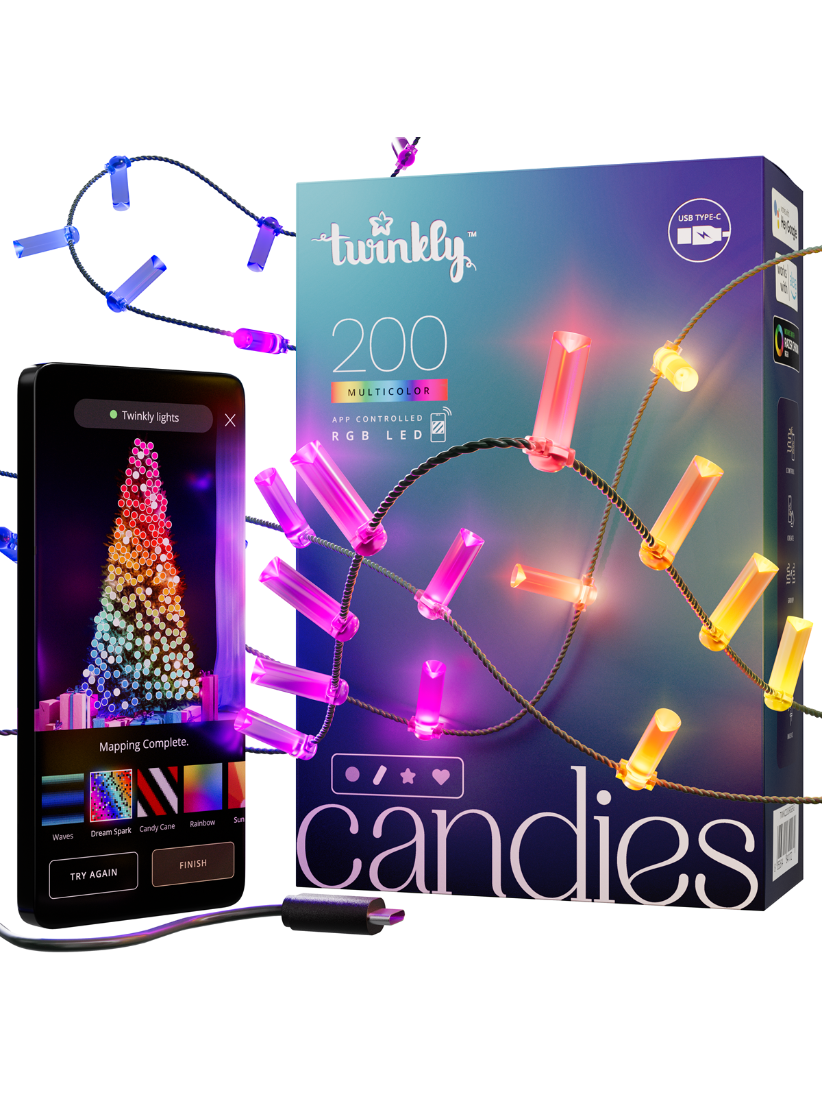 Twinkly Candies - 200 Candle-shaped RGB LEDs Green Wire USB-C