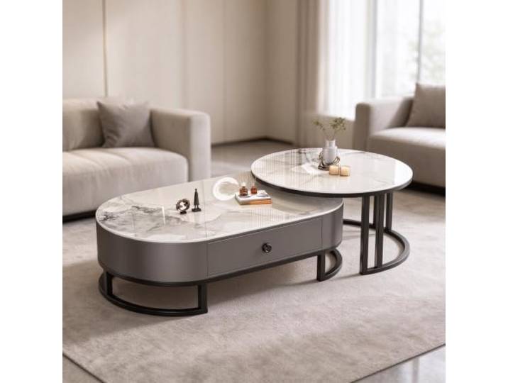 YHTCSXMD Ausziehbarer Couchtisch mit Steinplatte und Schublade Nesting Design, Steinplatte, Stahlrahmen, Holzschublade, couchtisch rund, couchtisch modern, Wohnzimmer